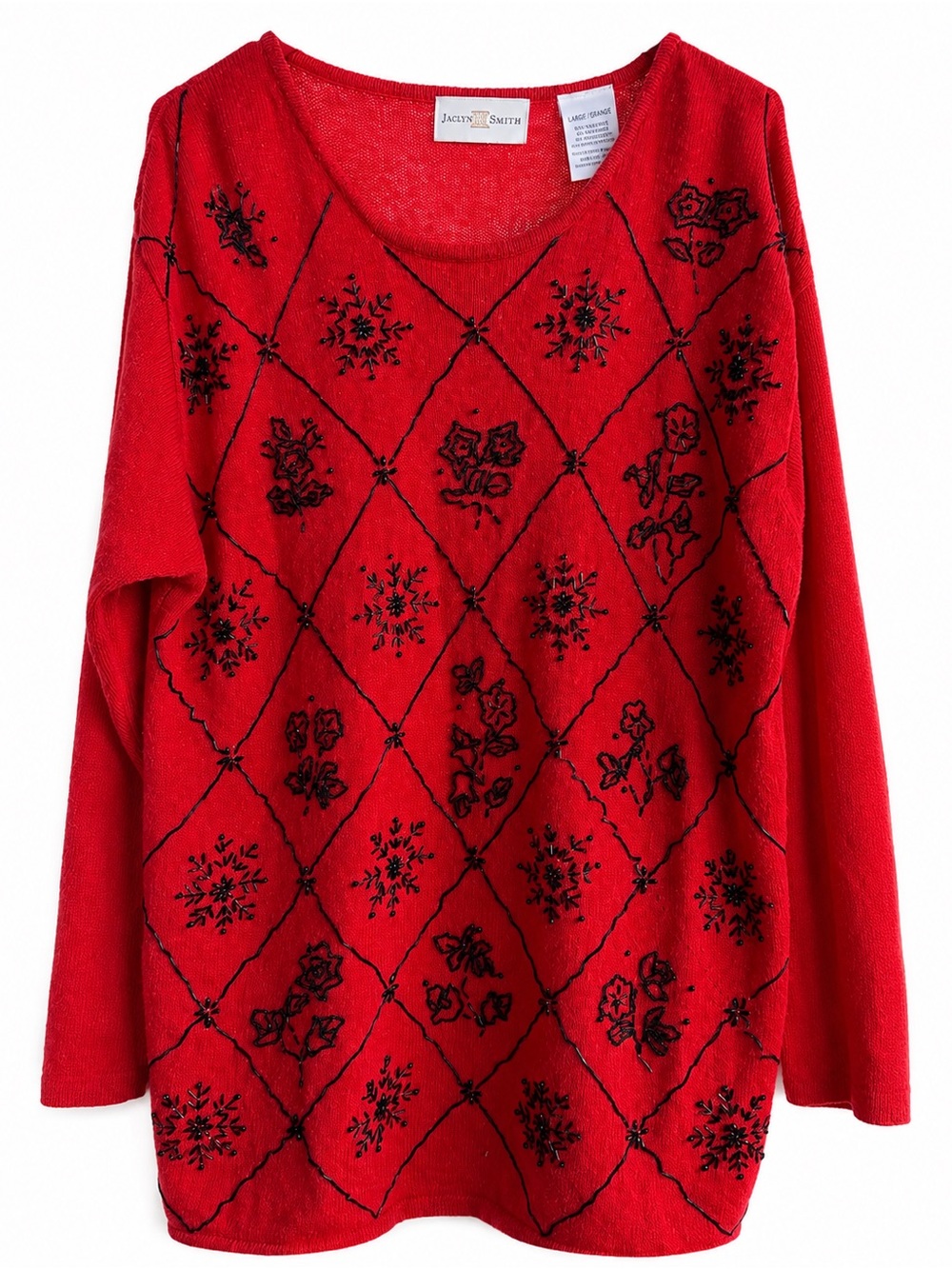 Vintage 90s Jaclyn Smith Beaded  Sweater L Red Black Snowflake Rose Argile